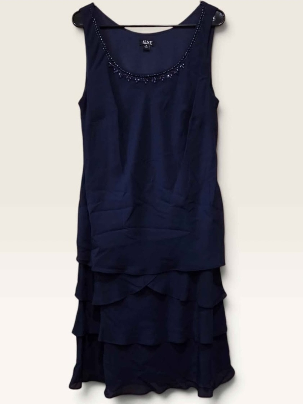 SLNY Navy Beaded Tiered Shift Dress